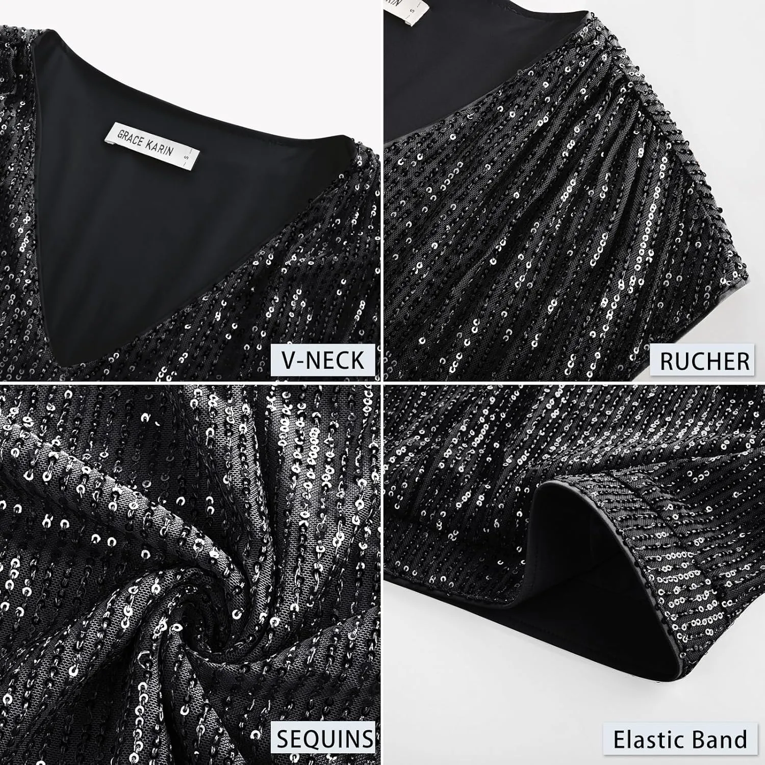 GRACE KARIN V Neck Sequin Short Sleeve Tops for Women Elastic Sparkly Tank Top for Party
