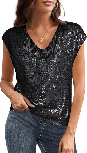GRACE KARIN V Neck Sequin Short Sleeve Tops for Women Elastic Sparkly Tank Top for Party