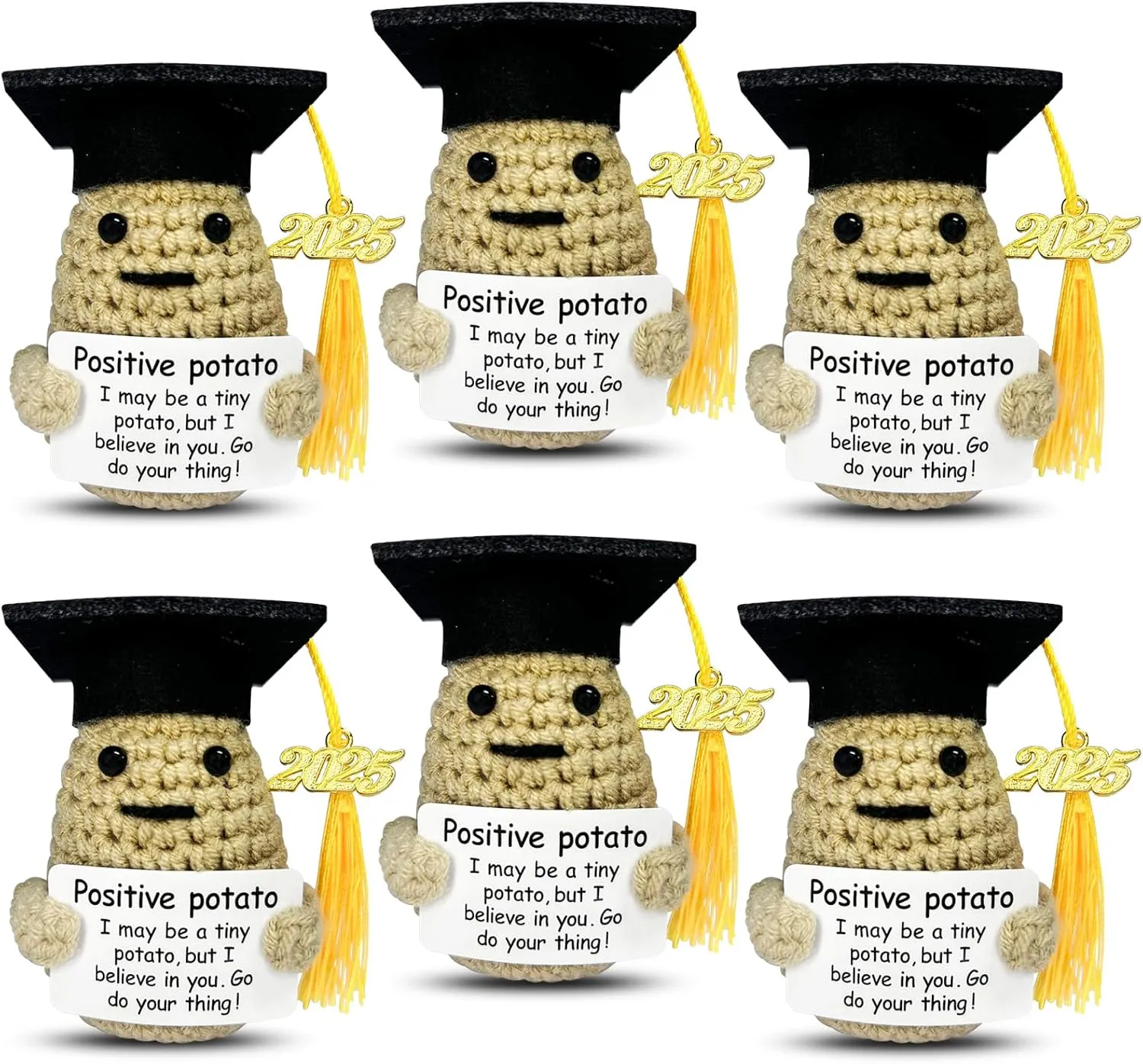 Graduation Gifts Set Class Of 2025，6 Pcs Positive potato With Grad Cap，Funny Gifts For High School College For Her Girls Him Boys，Handmade Inspiring Emotional Support Positive Crochet Potato (Potato)