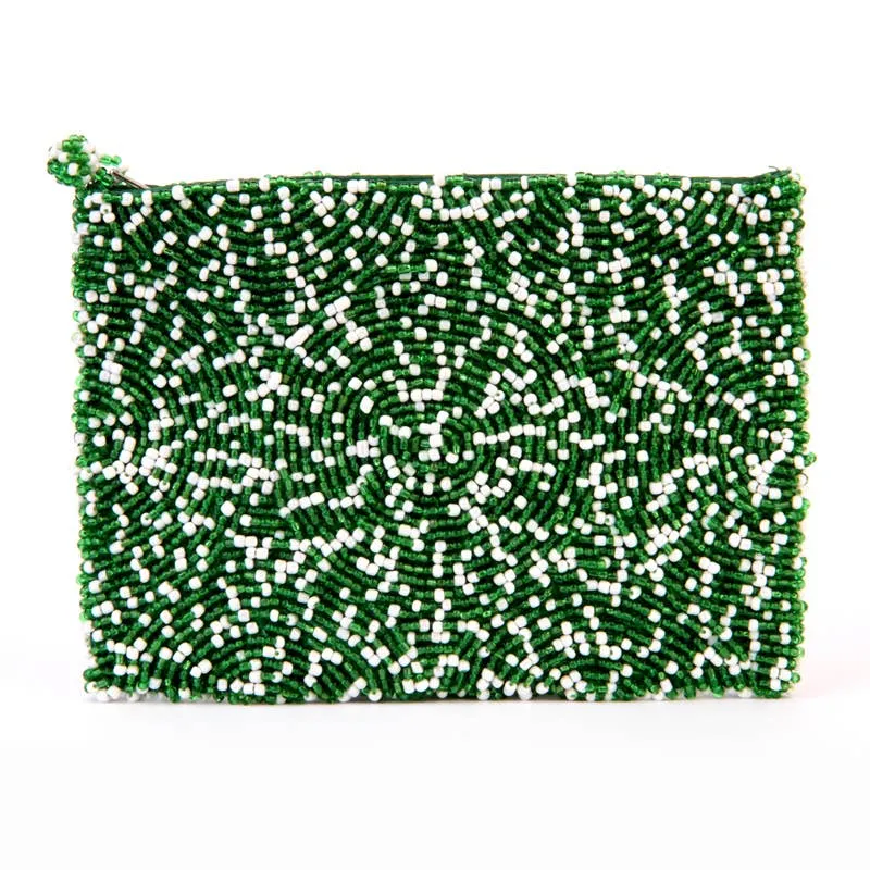 Green and White Confetti Beaded Coin Purse