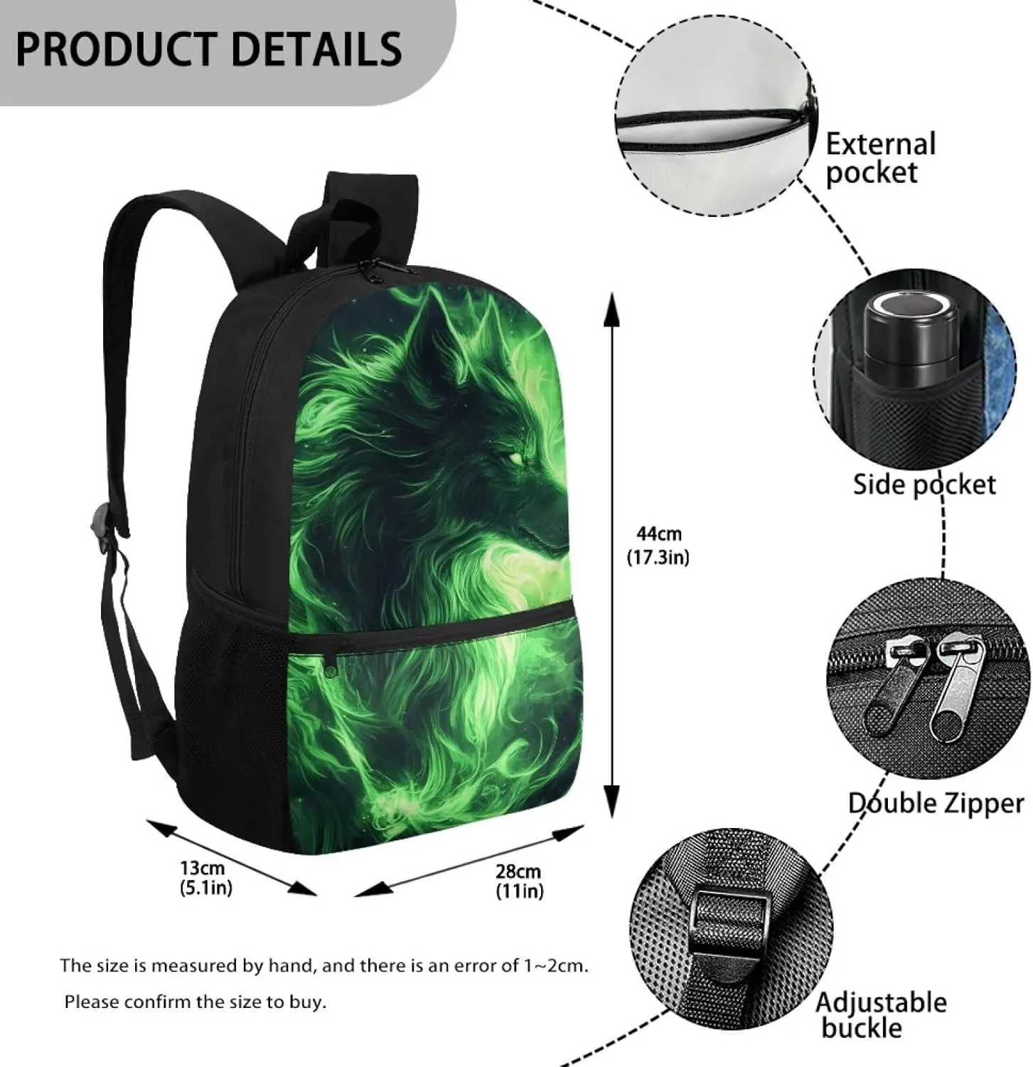 Green Wolf Student Backpack Polyester Book Bag for Teens Ergonomic Kids Backpack Lightweight Elementary School Bag Spine Protection Shoulder Daypacks Rucksack for Boys