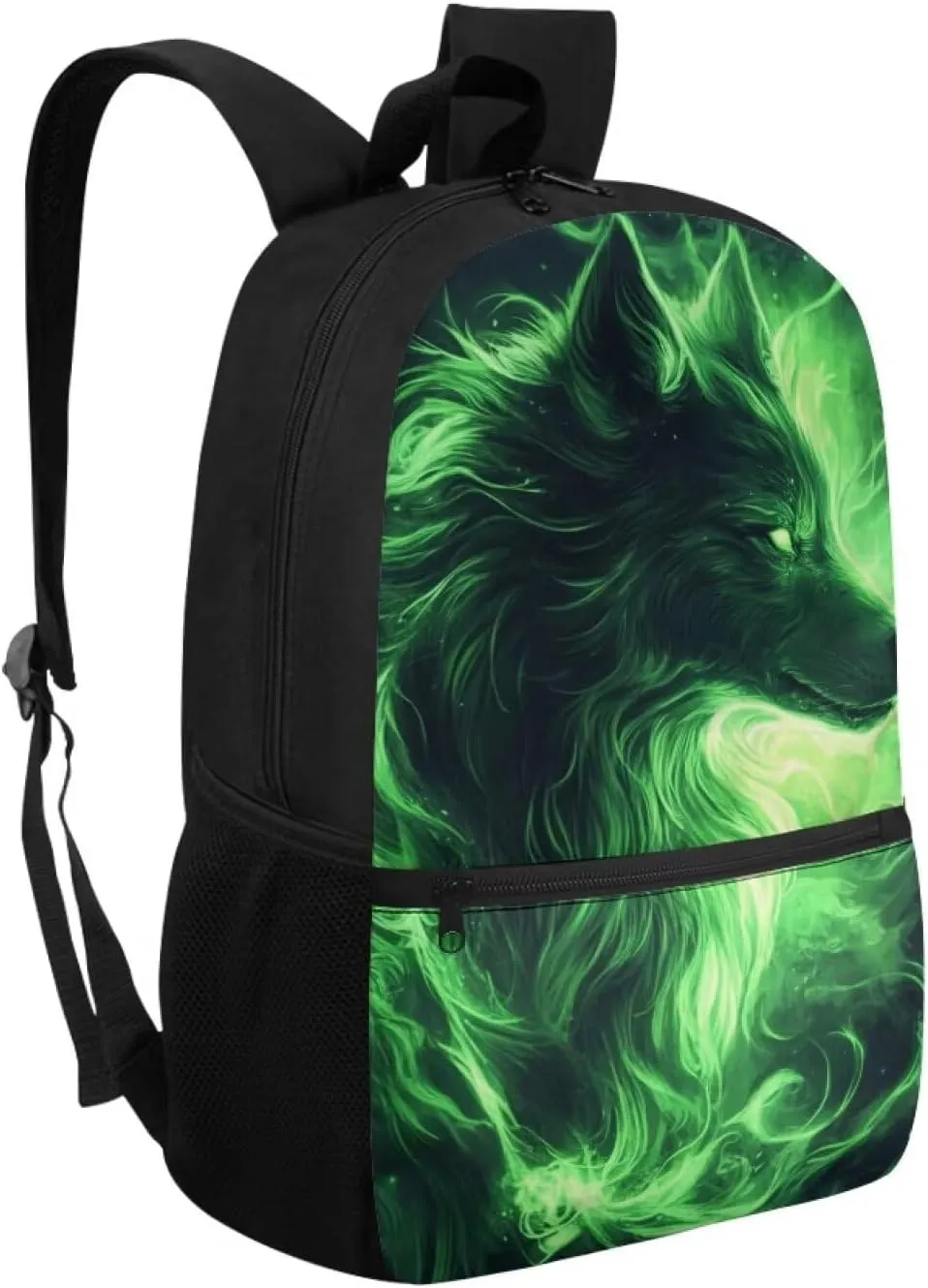 Green Wolf Student Backpack Polyester Book Bag for Teens Ergonomic Kids Backpack Lightweight Elementary School Bag Spine Protection Shoulder Daypacks Rucksack for Boys