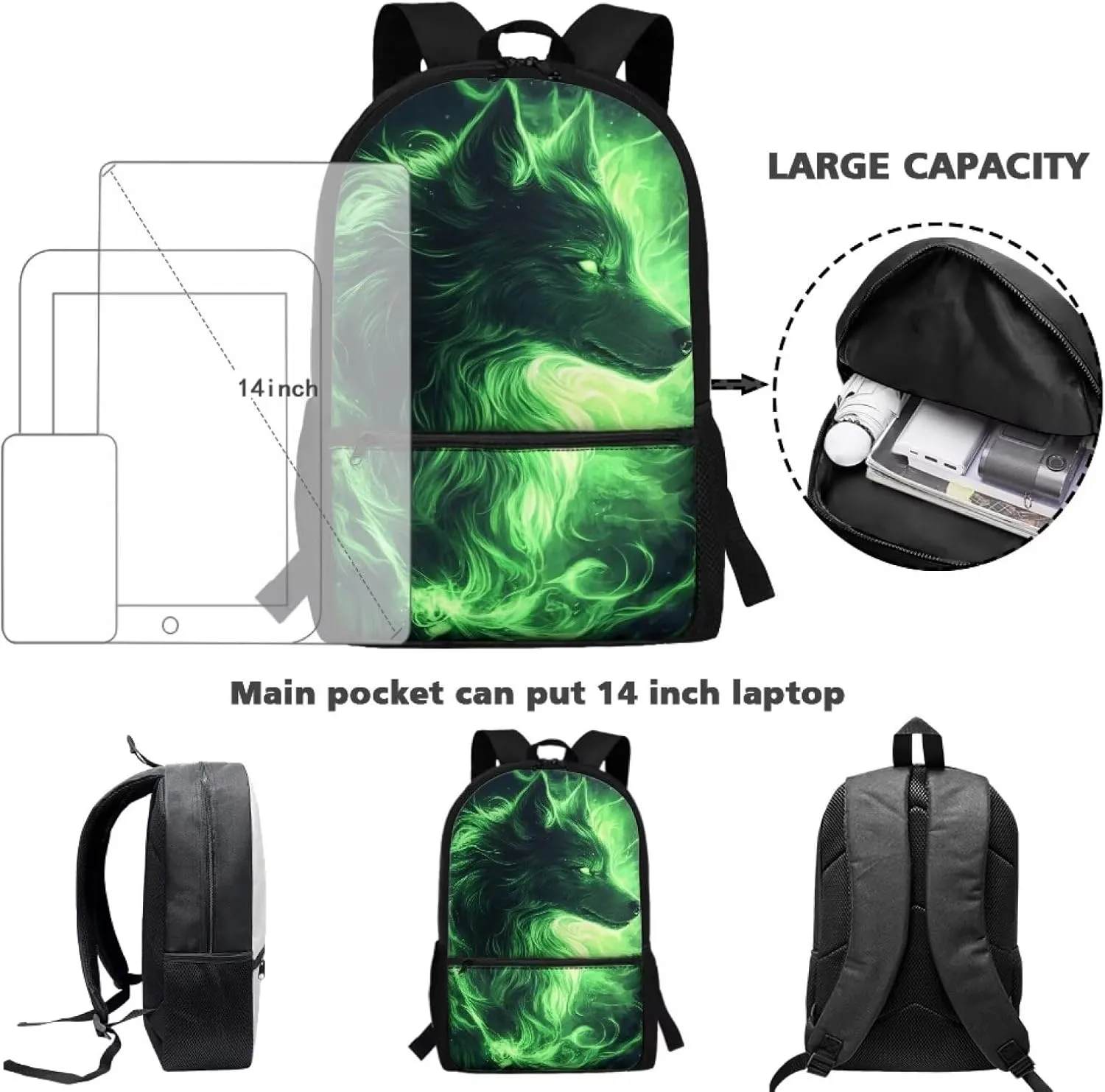 Green Wolf Student Backpack Polyester Book Bag for Teens Ergonomic Kids Backpack Lightweight Elementary School Bag Spine Protection Shoulder Daypacks Rucksack for Boys