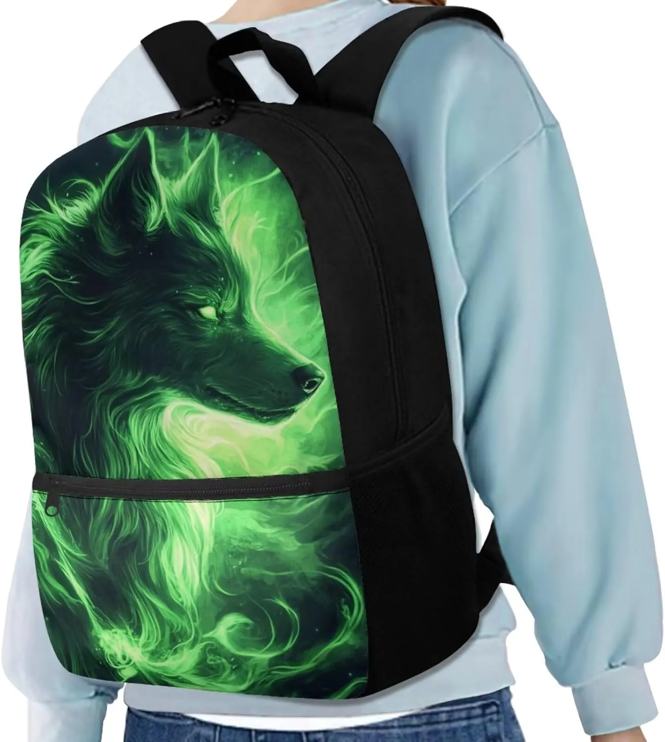 Green Wolf Student Backpack Polyester Book Bag for Teens Ergonomic Kids Backpack Lightweight Elementary School Bag Spine Protection Shoulder Daypacks Rucksack for Boys