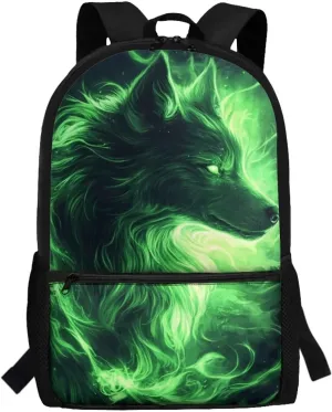 Green Wolf Student Backpack Polyester Book Bag for Teens Ergonomic Kids Backpack Lightweight Elementary School Bag Spine Protection Shoulder Daypacks Rucksack for Boys