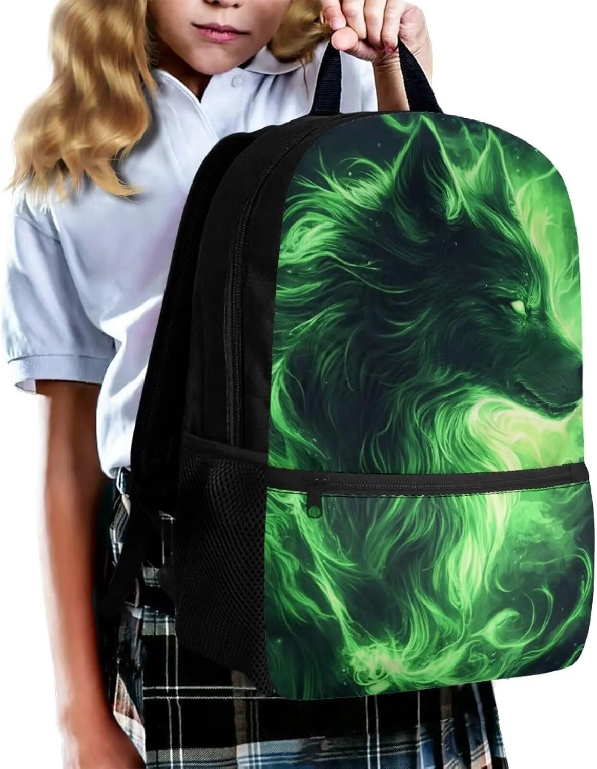 Green Wolf Student Backpack Polyester Book Bag for Teens Ergonomic Kids Backpack Lightweight Elementary School Bag Spine Protection Shoulder Daypacks Rucksack for Boys