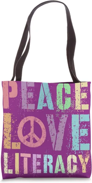Groovy PEACE LOVE LITERACY Teacher Library Reading Preschool Tote Bag