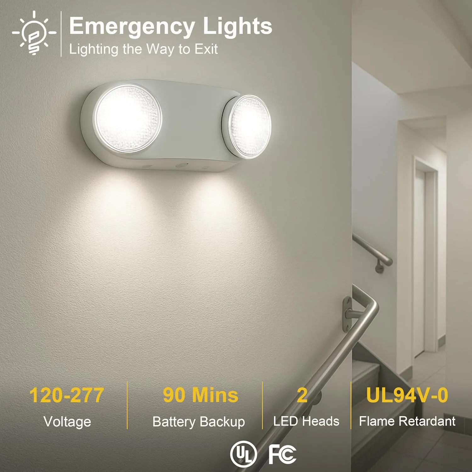 GRUENLICH LED Emergency Light with Battery Backup, 2 Adjustable Bug Eye Heads Lights, US Standard, AC 120-277V, Hardwired Commercial Emergency Exit Light for Business, 4-Pack
