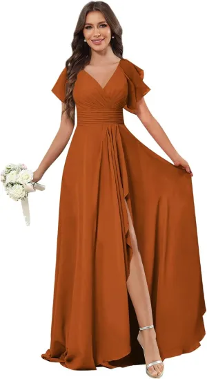 GUKARLEED Women's Long V Neck Bridesmaid Dresses for Wedding Short Sleeve Formal Dress Chiffon Evening Gown with Slit