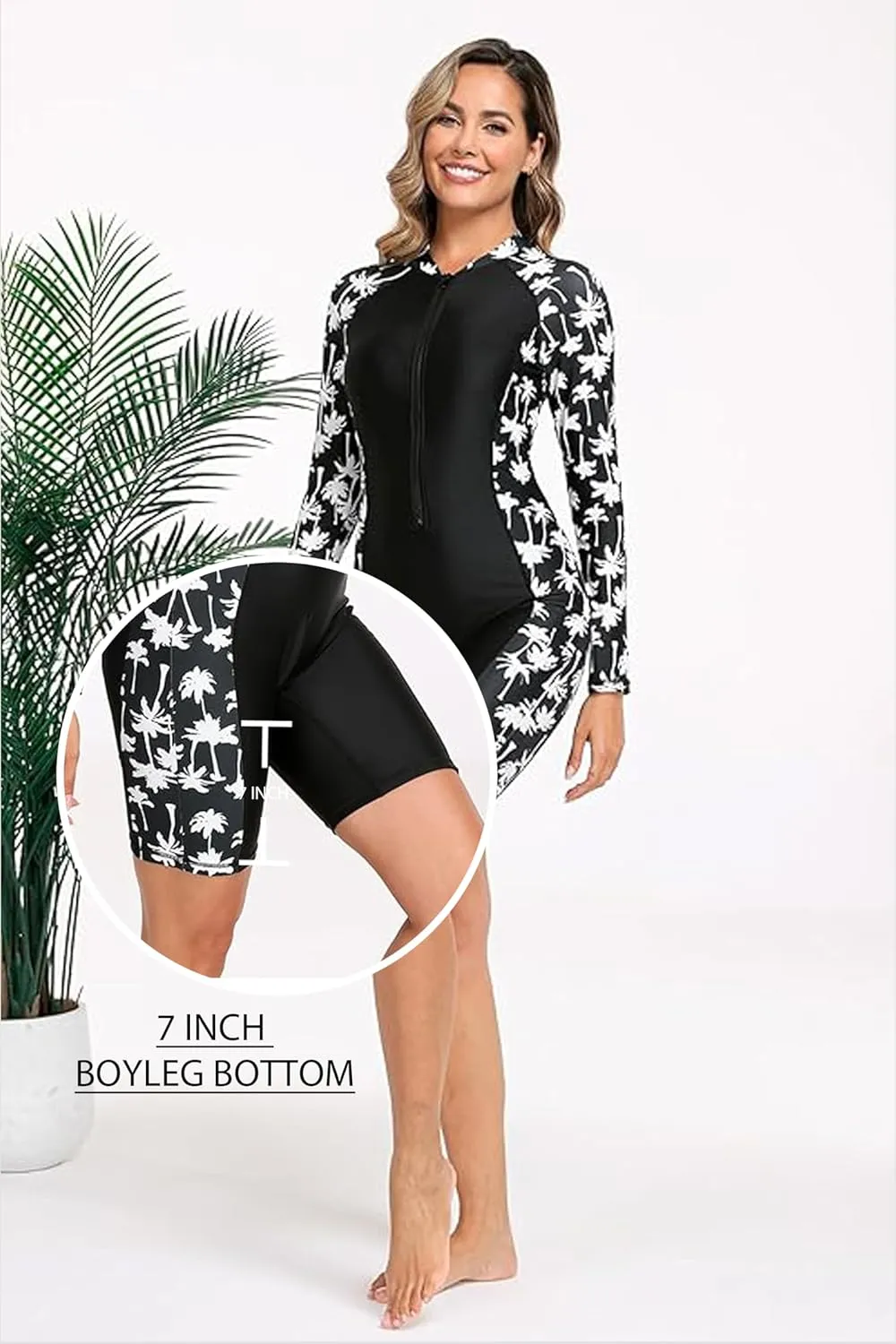 Halcurt Women's Boyleg One Piece Rash Guard with Built in Bra UPF50  Zip Long Sleeve Full Body Modest Swimsuit