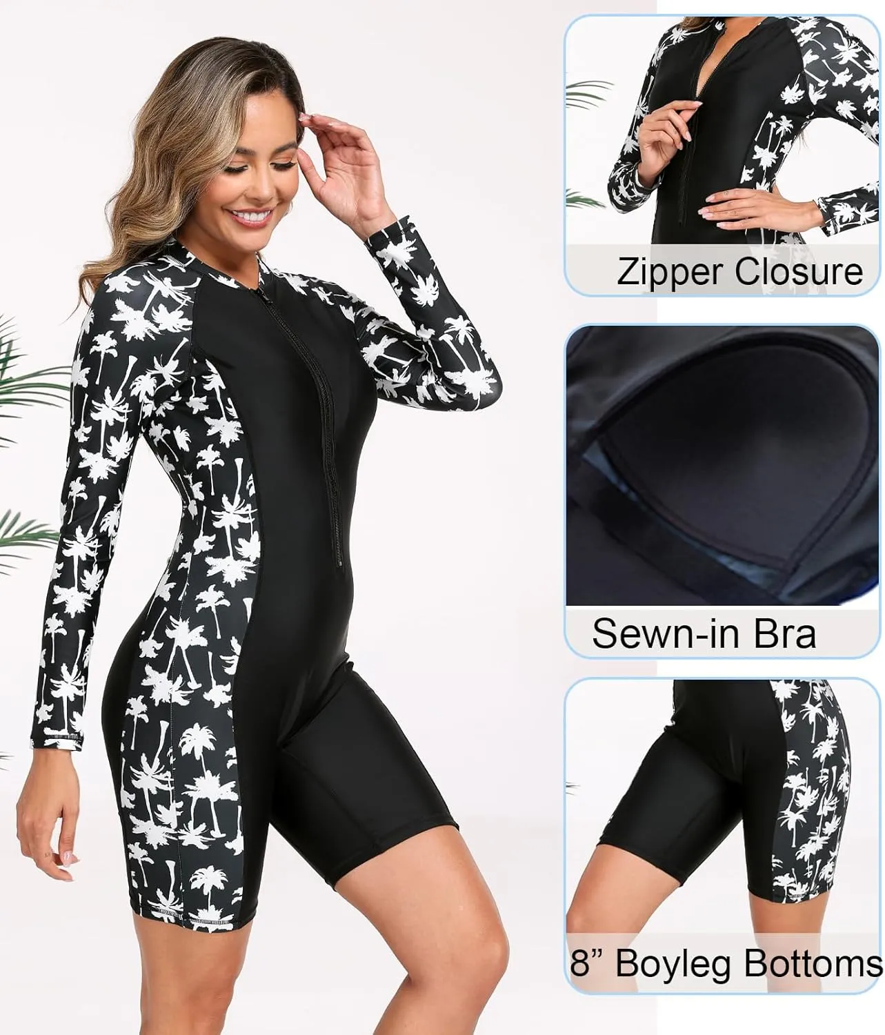 Halcurt Women's Boyleg One Piece Rash Guard with Built in Bra UPF50  Zip Long Sleeve Full Body Modest Swimsuit