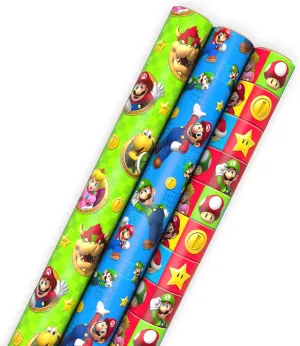 Hallmark Nintendo Super Mario Wrapping Paper Rolls for Kids with Cutlines on Reverse (3 Rolls: 60 Sq. Ft. Total) Mario, Luigi, Yoshi, Bowser, Princess Peach, Toad