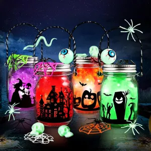 Halloween Crafts for Kids, 4 PCS Mason Jar with Accessories for DIY Craft, Art Party Favor Supplies, Halloween Decoration Trick or Treating, Classroom Art Activities