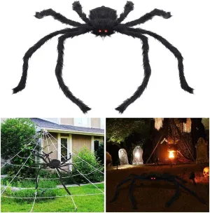 Halloween Decorations Outdoor Giant Spider with LED Eyes Plush Toy Hairy Spider for Halloween Party Stretched Length 3.3 FT (Red Light)