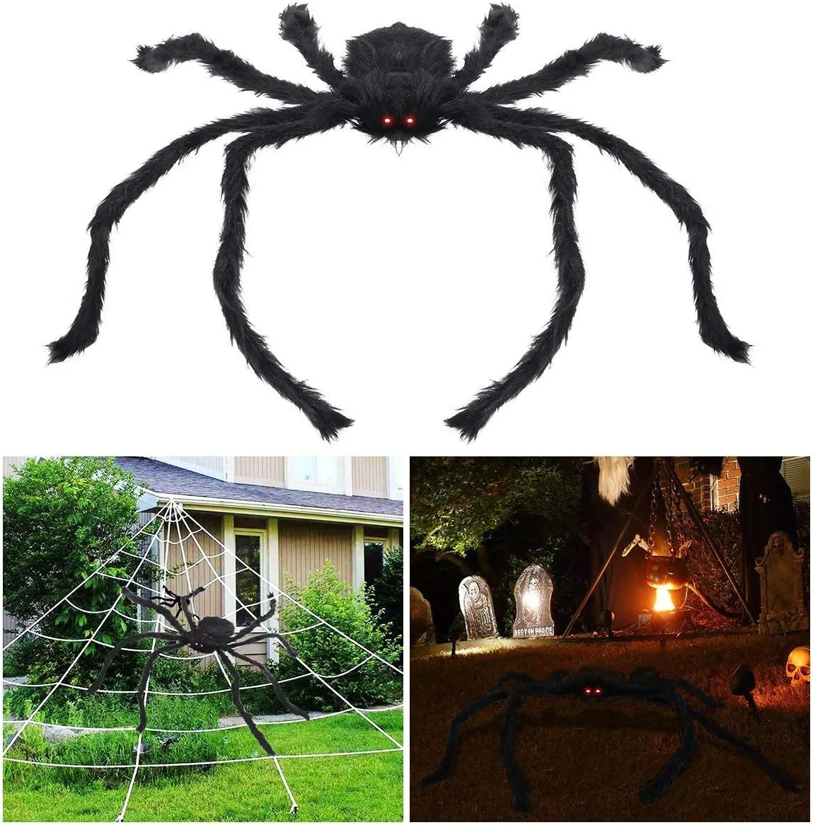 Halloween Decorations Outdoor Giant Spider with LED Eyes Plush Toy Hairy Spider for Halloween Party Stretched Length 3.3 FT (Red Light)