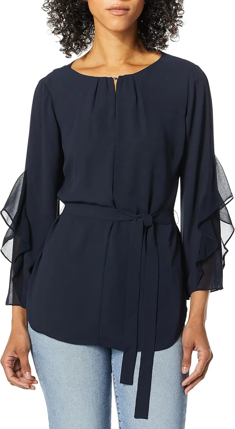 HALSTON Women's Long Flowy Sleeves Top with Sash