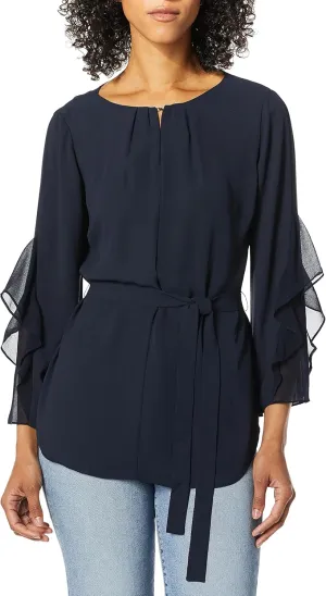 HALSTON Women's Long Flowy Sleeves Top with Sash
