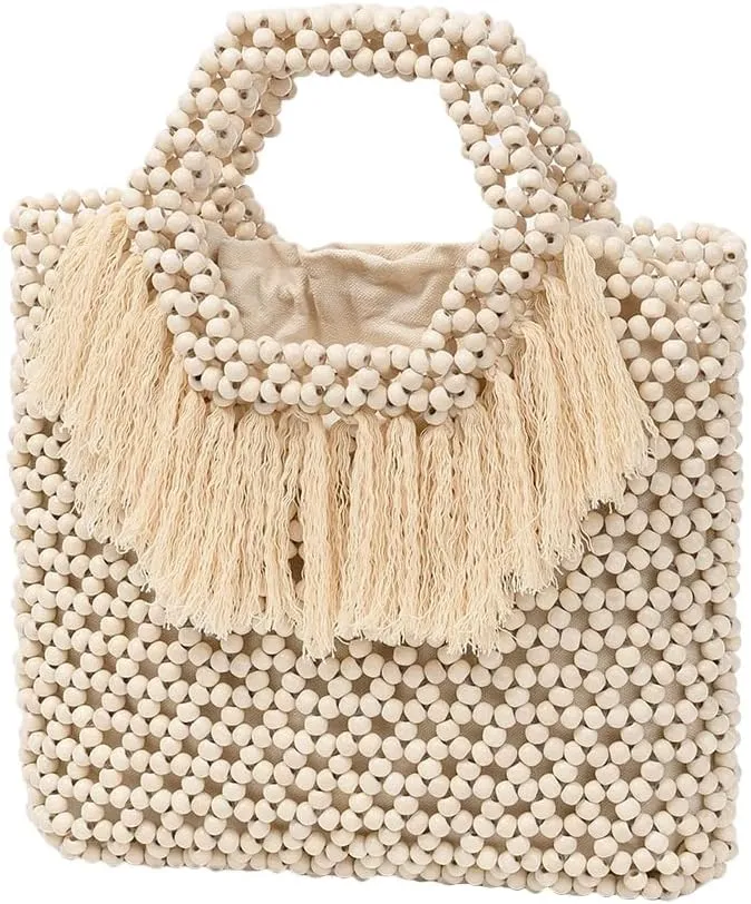 Hand-Woven Wooden Beaded Bag - Boho Chic Purse with Natural Wood Beads, Durable Handle, and Inner Lining, Compact Yet Spacious (White)