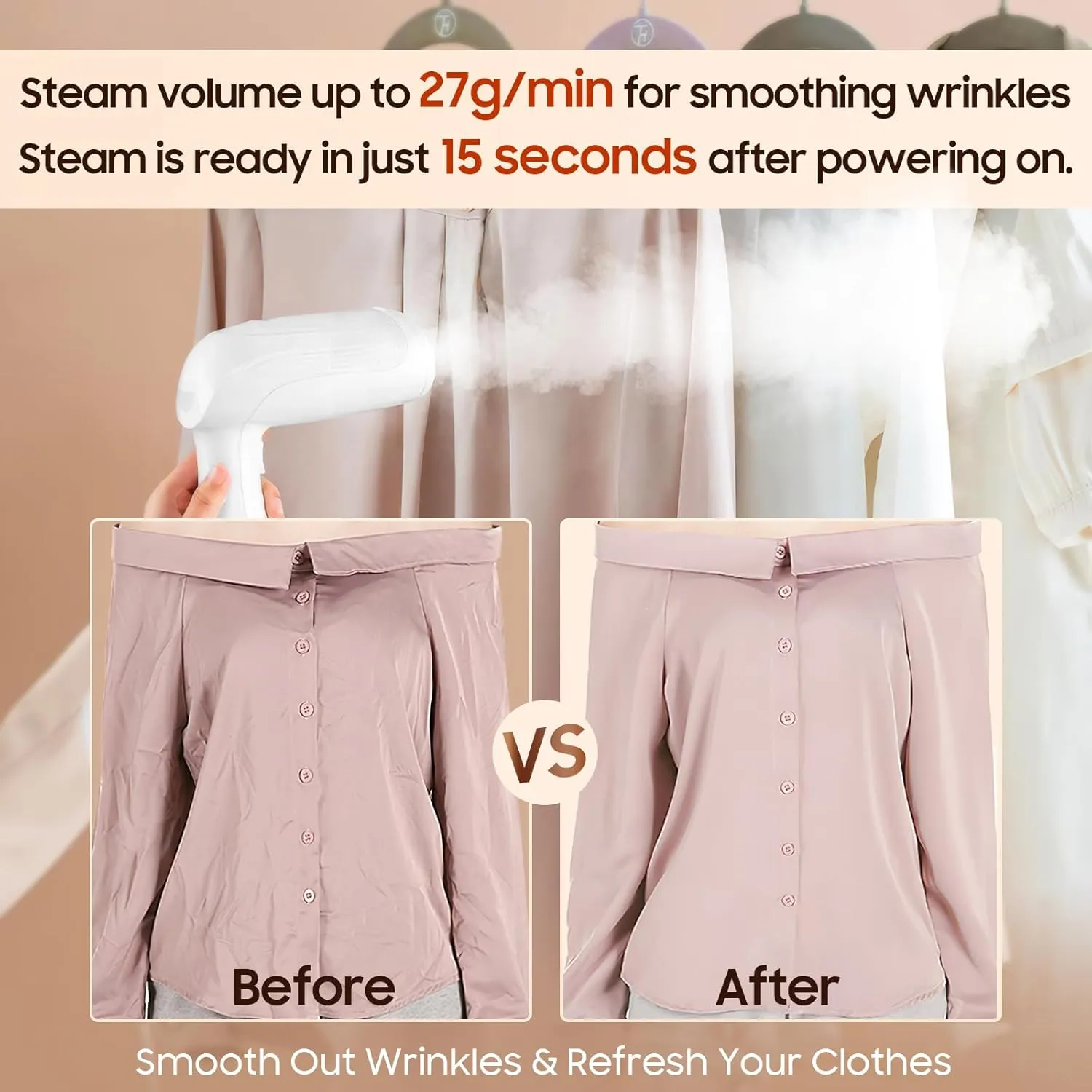 Handheld Portable Garment Steamer for Clothes - 1500W Clothes Steamer Remove Wrinkles for All Fabrics, 15S Fast Heat-Up, Make Clothes Soft & Smooth
