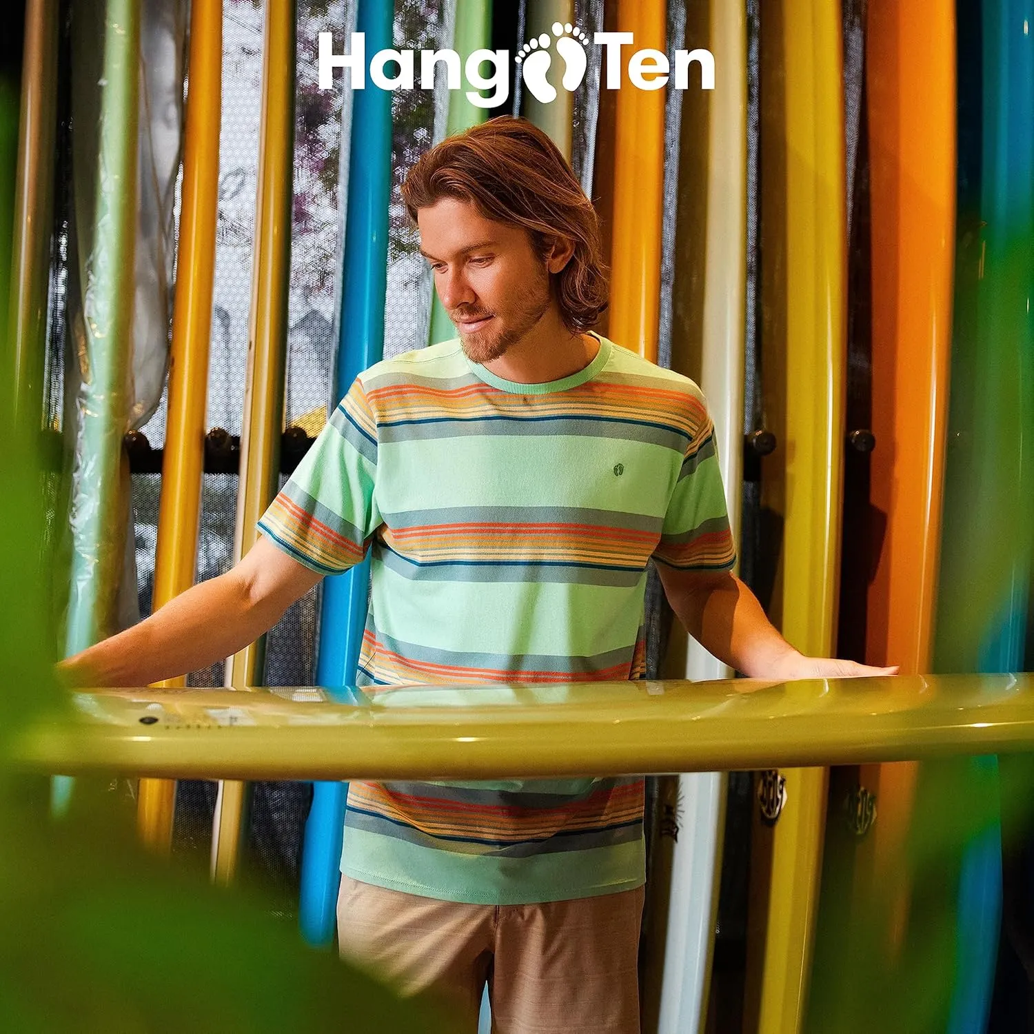 Hang Ten Mens All-Over Striped Knit T-Shirt - Casual Shirts for Men - Vintage Inspired Short Sleeve Knit Tee