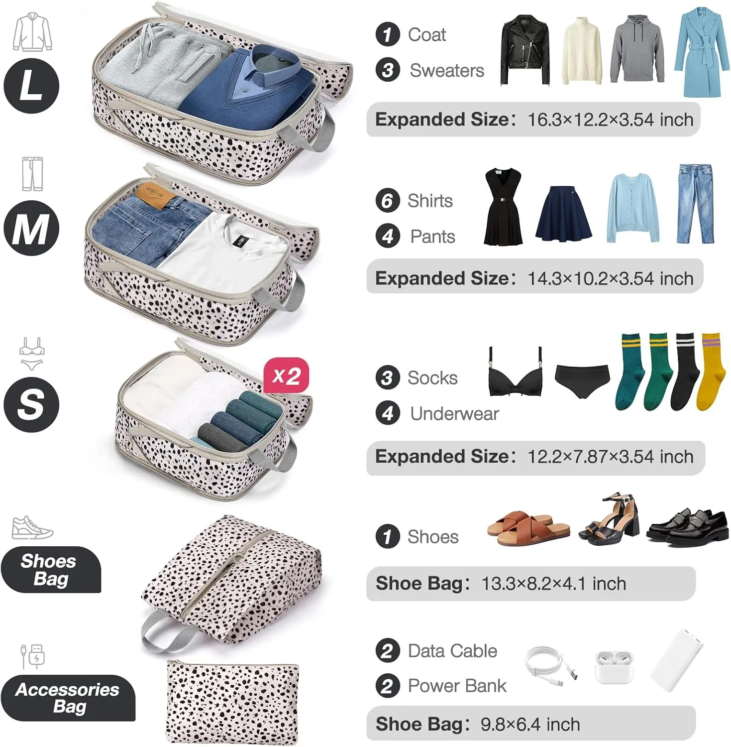 hatisan 6 Set Compression Packing Cubes for Suitcases,Packing Cubes with Shoe Bag, Large Cosmetics Bag, Clothing Bag, Accessories Bags Packing Cubes for Travel Luggage Organizer Women Men(Leopard)