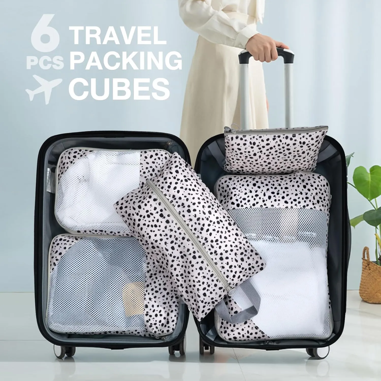 hatisan 6 Set Compression Packing Cubes for Suitcases,Packing Cubes with Shoe Bag, Large Cosmetics Bag, Clothing Bag, Accessories Bags Packing Cubes for Travel Luggage Organizer Women Men(Leopard)