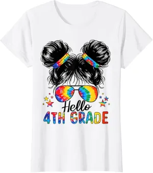 Hello 4th Grade Messy Hair Bun Girl Back To School First Day T-Shirt
