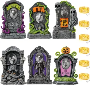 Hiboom 6 Set Large Halloween 3D Changing Face Rip Graveyard Tombstones and 23.6x15.7 Inch Halloween Skeleton Headstone 6 Pcs LED String Lights Halloween Decoration for Yard Garden Lawn
