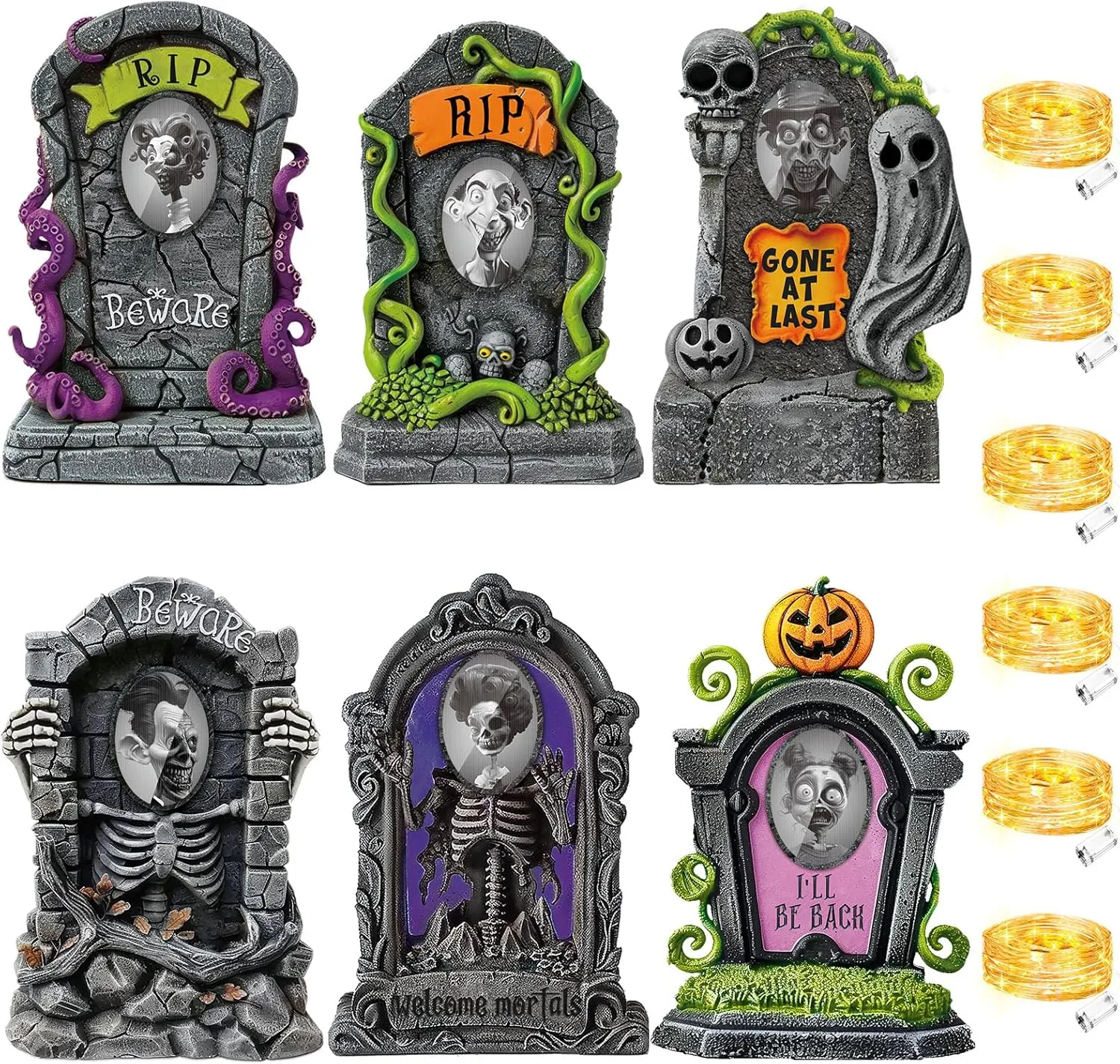Hiboom 6 Set Large Halloween 3D Changing Face Rip Graveyard Tombstones and 23.6x15.7 Inch Halloween Skeleton Headstone 6 Pcs LED String Lights Halloween Decoration for Yard Garden Lawn