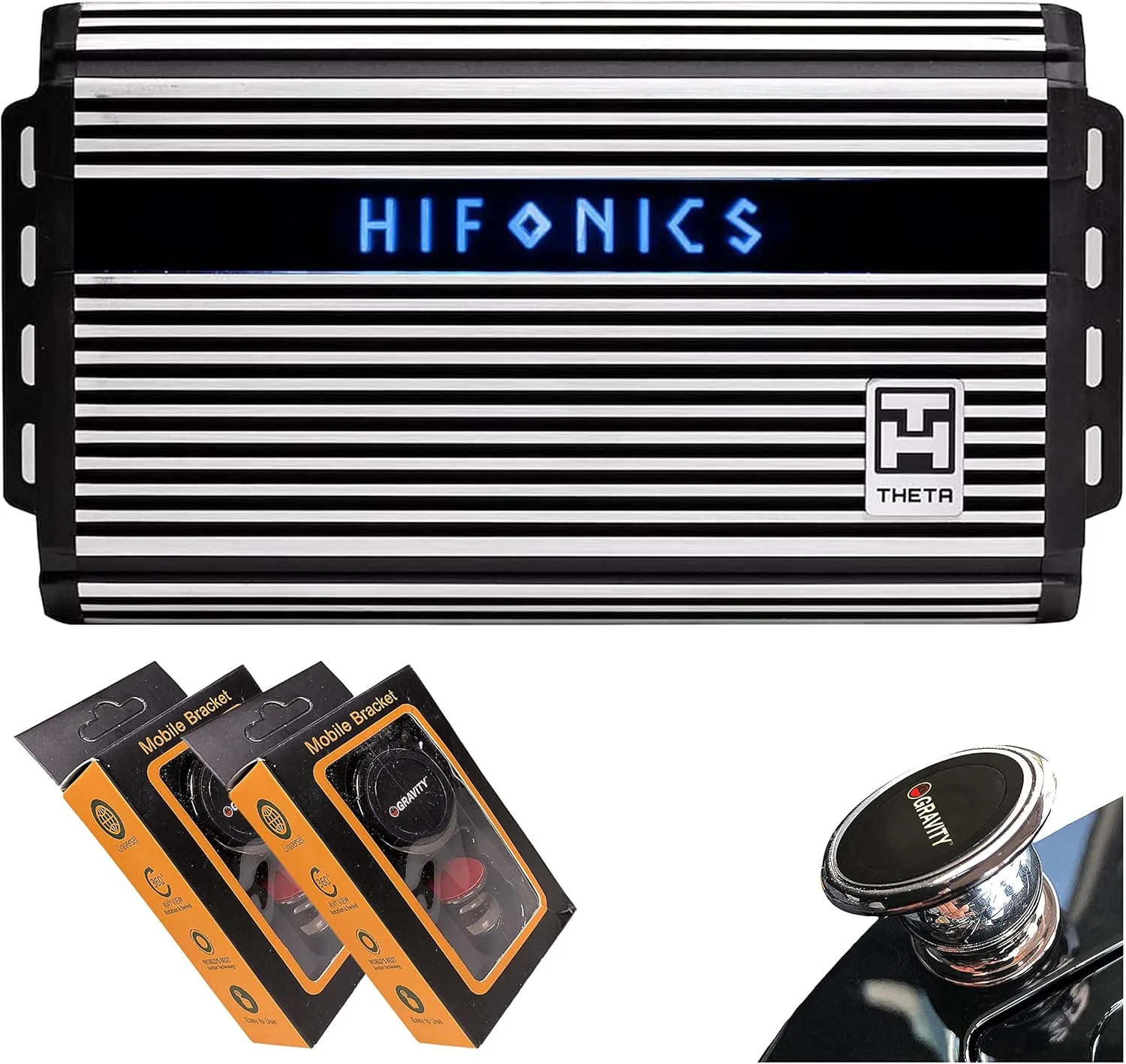 Hifonics ZTH-1225.1D Zeus Theta Compact Mono Channel Car Audio Amplifier (Silver) – Class D Amp, 1200-Watt Built-in Bass Control, Bass Remote Included with 2 Gravity Phone Holder Bundle
