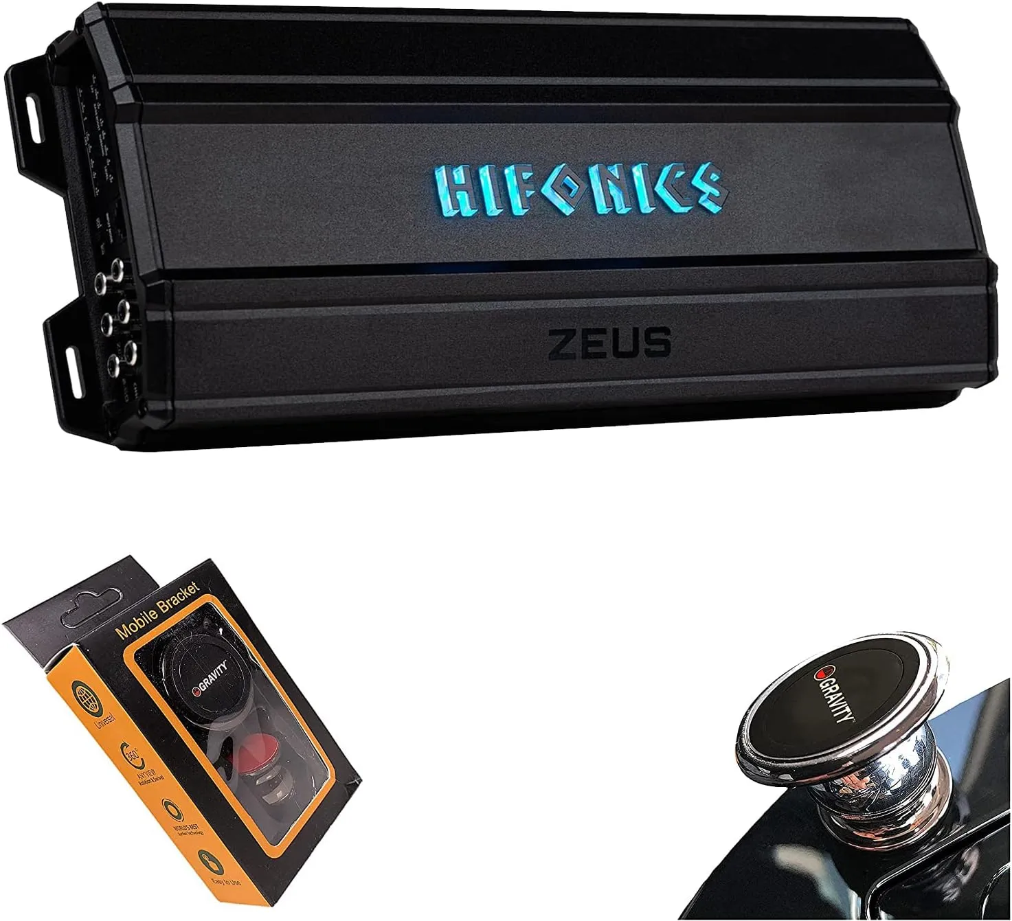 Hifonics ZTH-1625.5D Zeus Theta Compact Five Channel Car Audio Amplifier (Silver) – Class D Amp, 1600-Watt Built-in Bass Control, Bridgeable, Bass Remote Included with Gravity Phone Holder Bundle