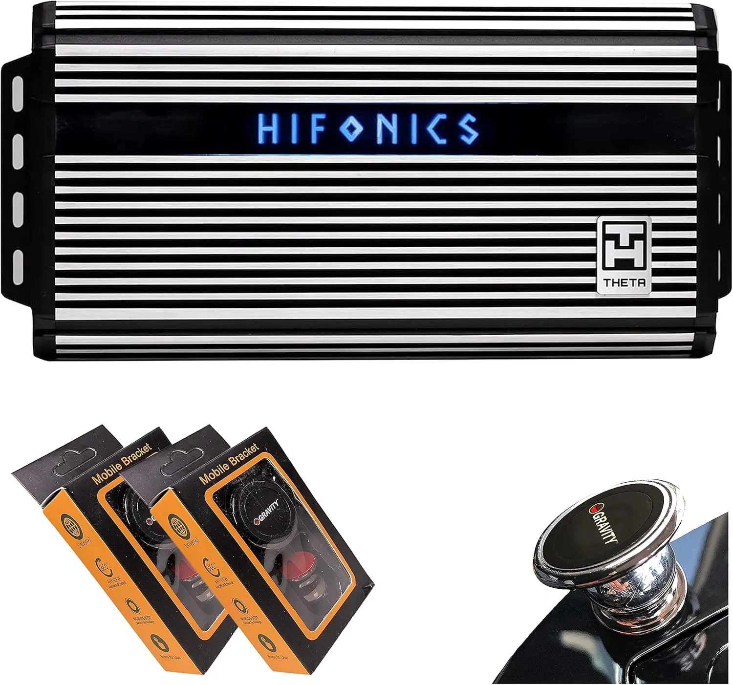 Hifonics ZTH-2225.1D Zeus Theta Compact Mono Channel Car Audio Amplifier (Silver) – Class D Amp, 2200-Watt Built-in Bass Control, Bass Remote Included with 2 Gravity Phone Holder Bundle