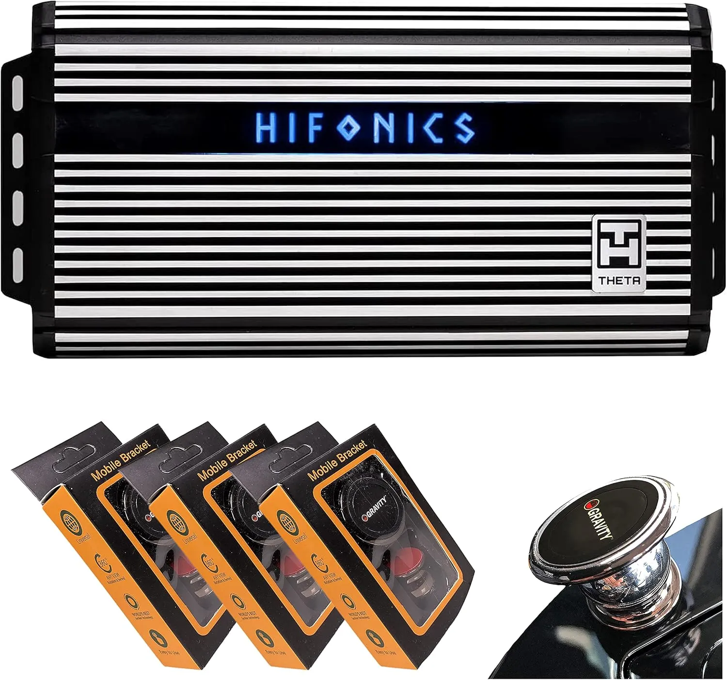 Hifonics ZTH-2225.1D Zeus Theta Compact Mono Channel Car Audio Amplifier (Silver) – Class D Amp, 2200-Watt Built-in Bass Control, Bass Remote Included with 3 Gravity Phone Holder Bundle
