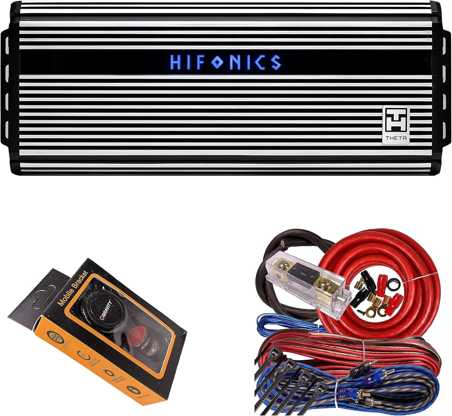 Hifonics ZTH-3225.1D Zeus Theta Compact Mono Channel Car Audio Amplifier (Silver) – Class D Amp, 3200-Watt Bass Remote Included with Gravity Phone Holder and 4 Gauge Amp Kit Red Bundle