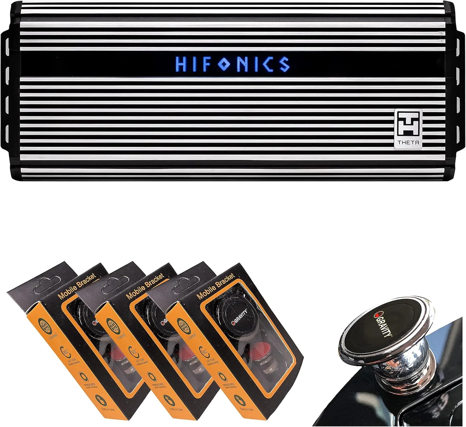Hifonics ZTH-3225.1D Zeus Theta Compact Mono Channel Car Audio Amplifier (Silver) – Class D Amp, 3200-Watt Built-in Bass Control, Bass Remote Included with 3 Gravity Phone Holder Bundle