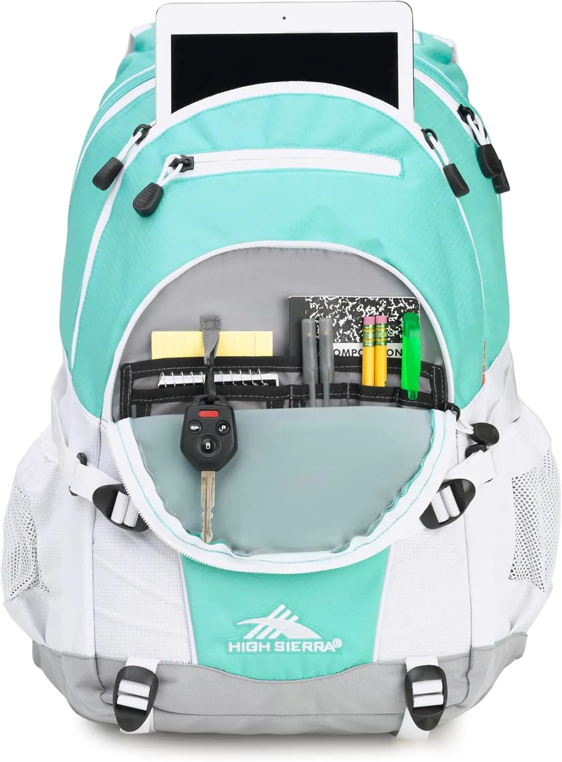 High Sierra Loop Backpack, Travel, or Work Bookbag with tablet sleeve, One Size, Aquamarine/White/Ash