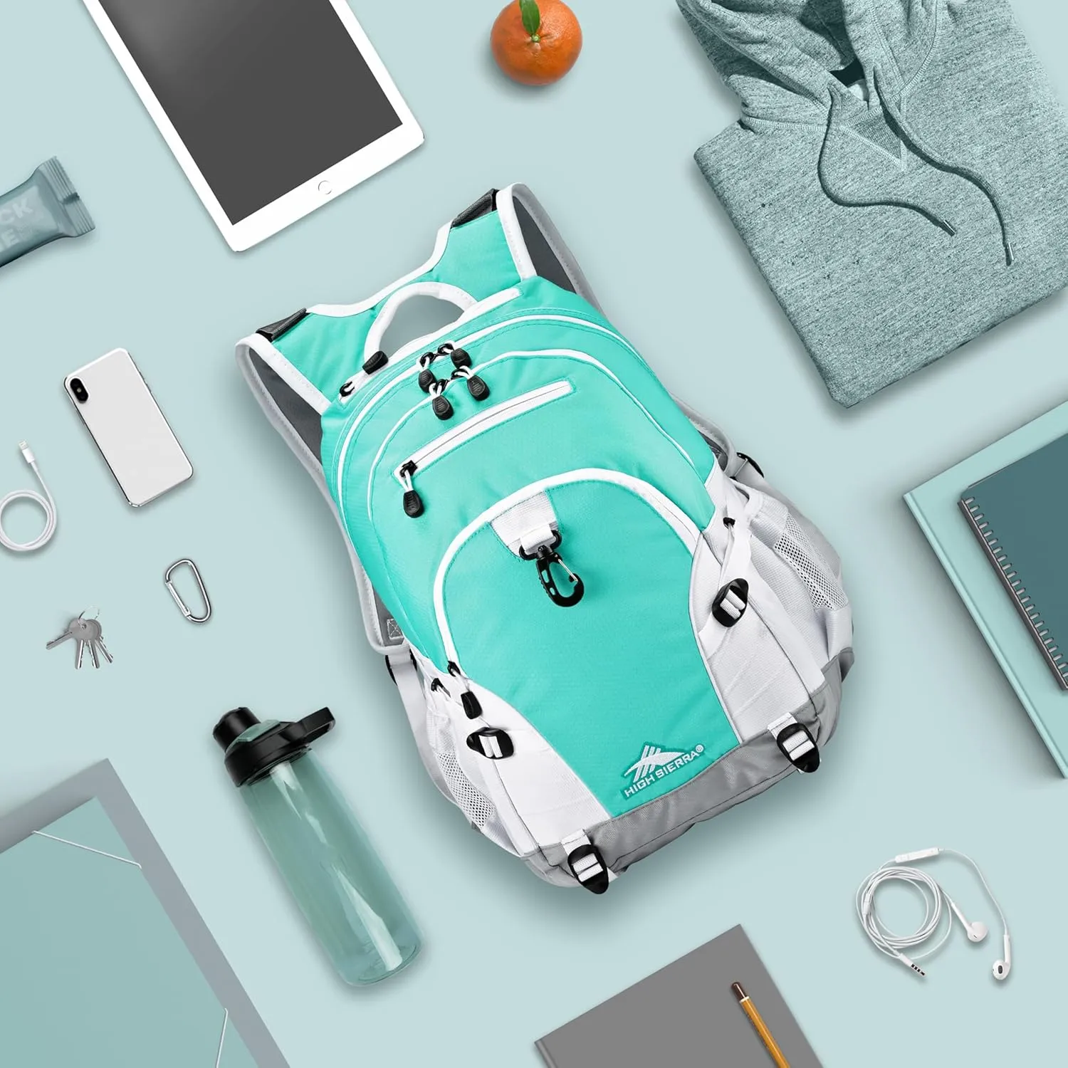 High Sierra Loop Backpack, Travel, or Work Bookbag with tablet sleeve, One Size, Aquamarine/White/Ash