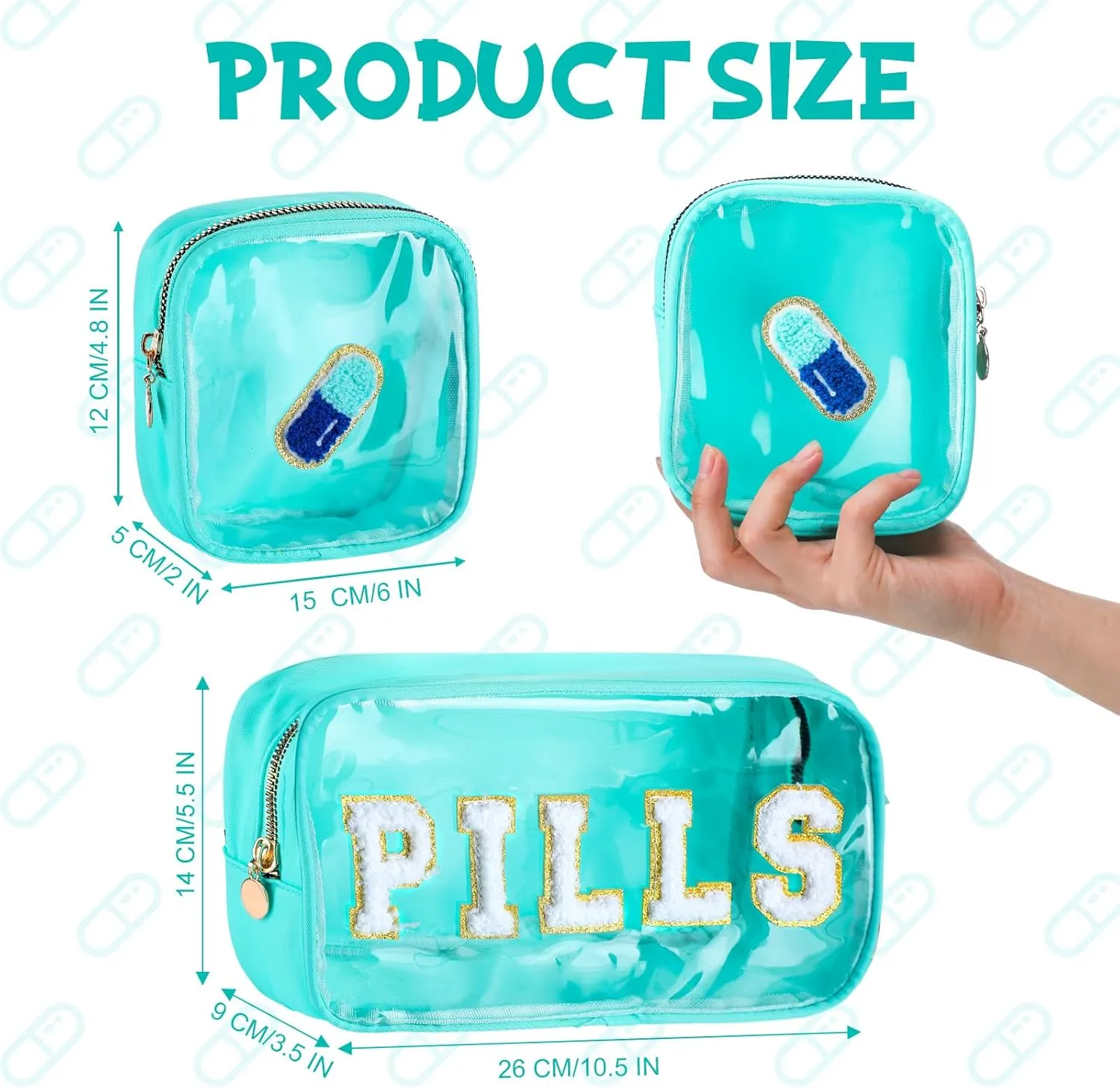 Hillban 2 Pcs Medicine Bag Gifts Chenille Letter Bag Preppy Clear Makeup Meds Nylon Pouch Set PVC Transparent Mini First Aid Christmas Gift for Travel(Fresh)