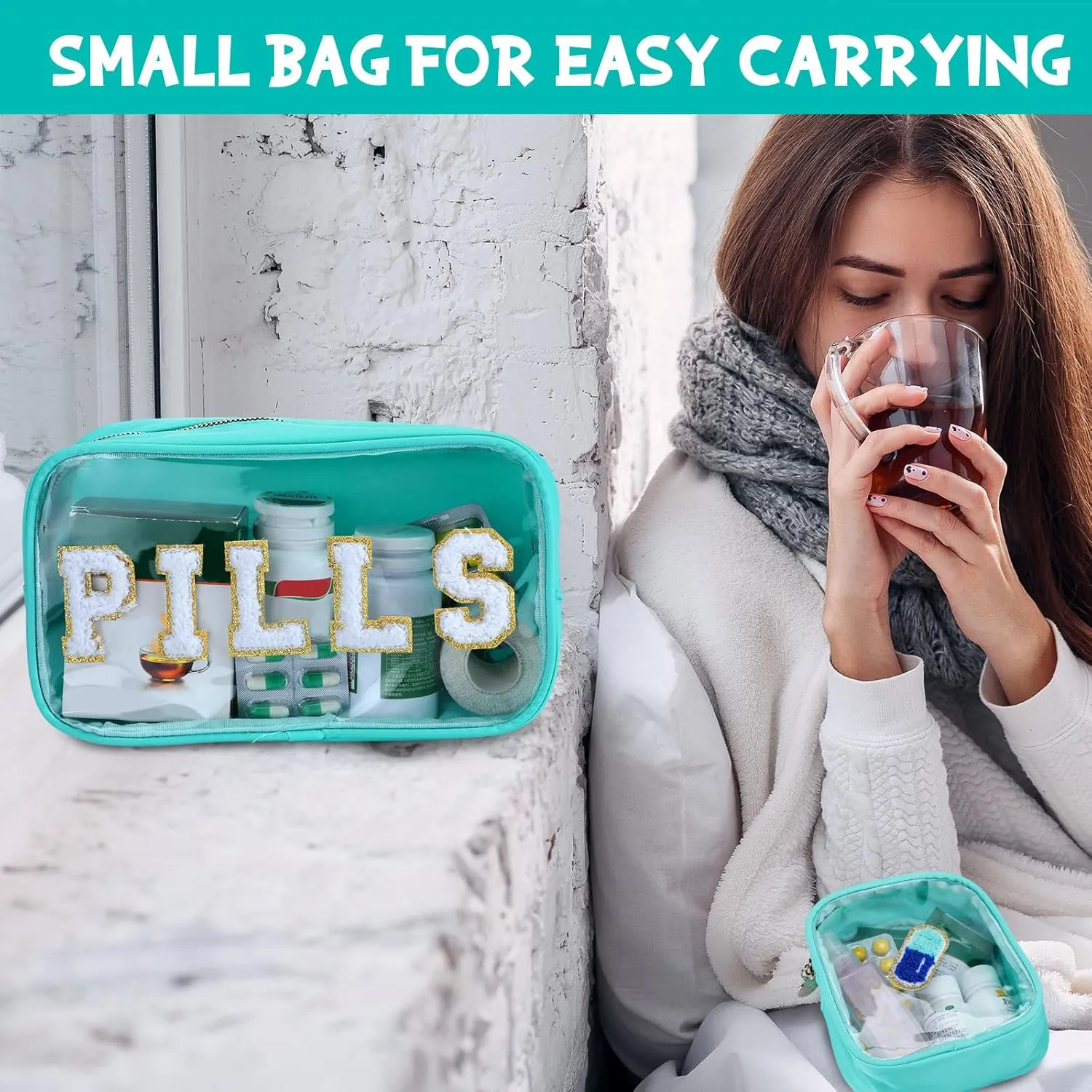 Hillban 2 Pcs Medicine Bag Gifts Chenille Letter Bag Preppy Clear Makeup Meds Nylon Pouch Set PVC Transparent Mini First Aid Christmas Gift for Travel(Fresh)