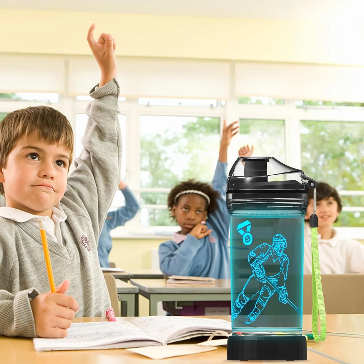 Hockey Gifts, Light Up 3D Hockey Player Water Bottle, 14oz Tritan BPA Free - Best Gift for 4 5 6 7-Year-Old Boys Girls- Kids Drinking Cup - Christmas Holiday