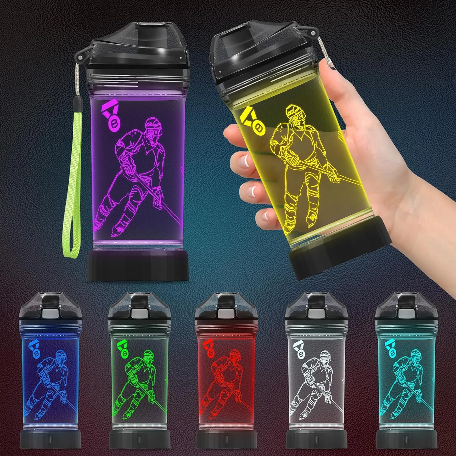Hockey Gifts, Light Up 3D Hockey Player Water Bottle, 14oz Tritan BPA Free - Best Gift for 4 5 6 7-Year-Old Boys Girls- Kids Drinking Cup - Christmas Holiday