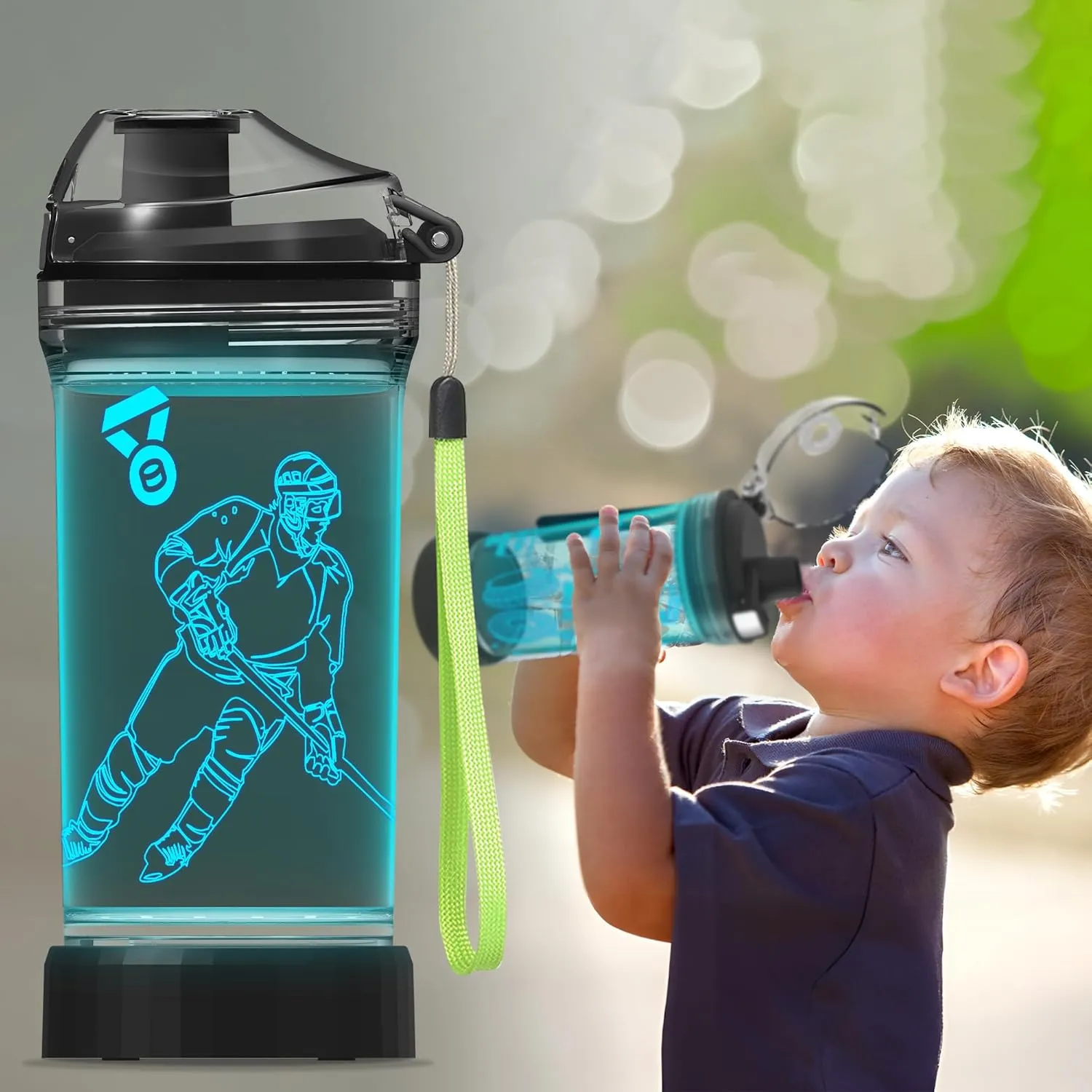 Hockey Gifts, Light Up 3D Hockey Player Water Bottle, 14oz Tritan BPA Free - Best Gift for 4 5 6 7-Year-Old Boys Girls- Kids Drinking Cup - Christmas Holiday