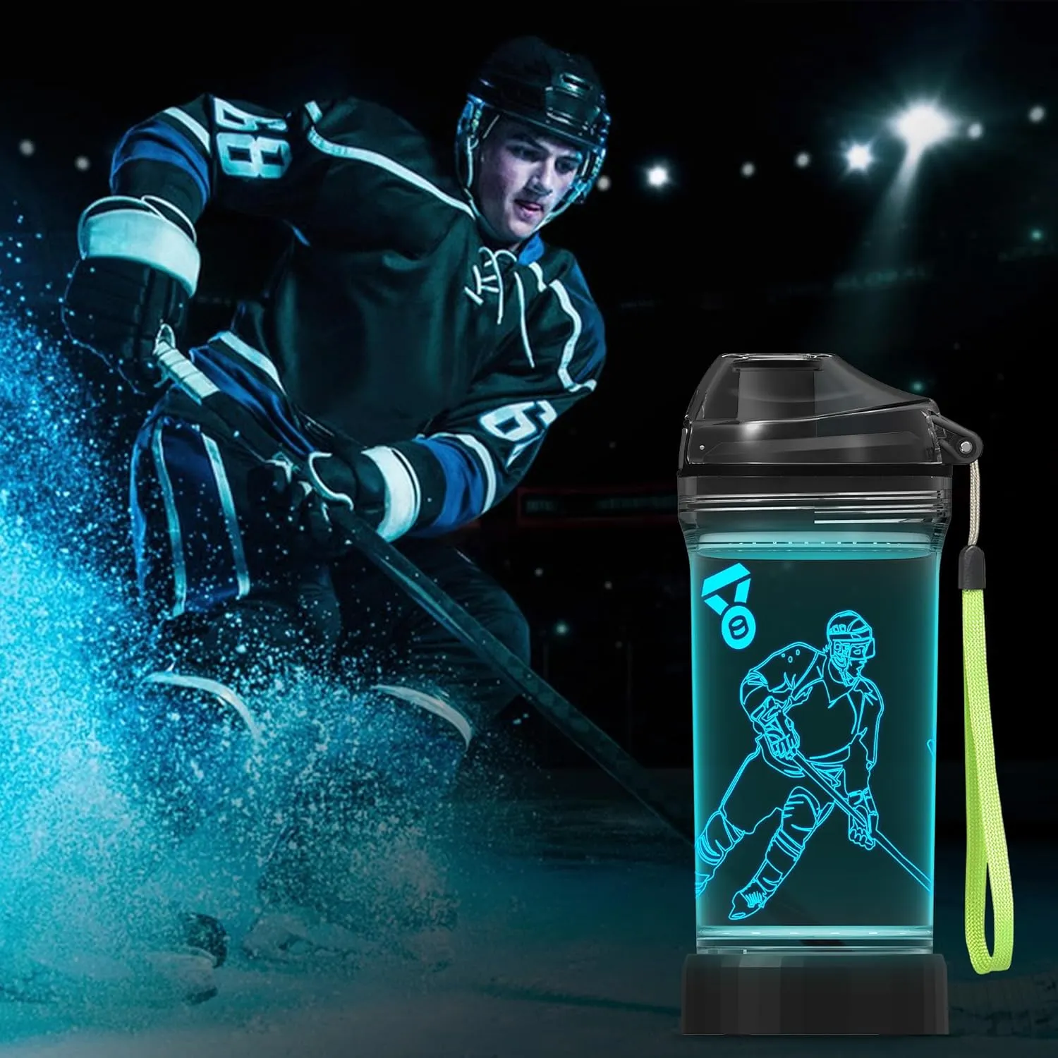 Hockey Gifts, Light Up 3D Hockey Player Water Bottle, 14oz Tritan BPA Free - Best Gift for 4 5 6 7-Year-Old Boys Girls- Kids Drinking Cup - Christmas Holiday