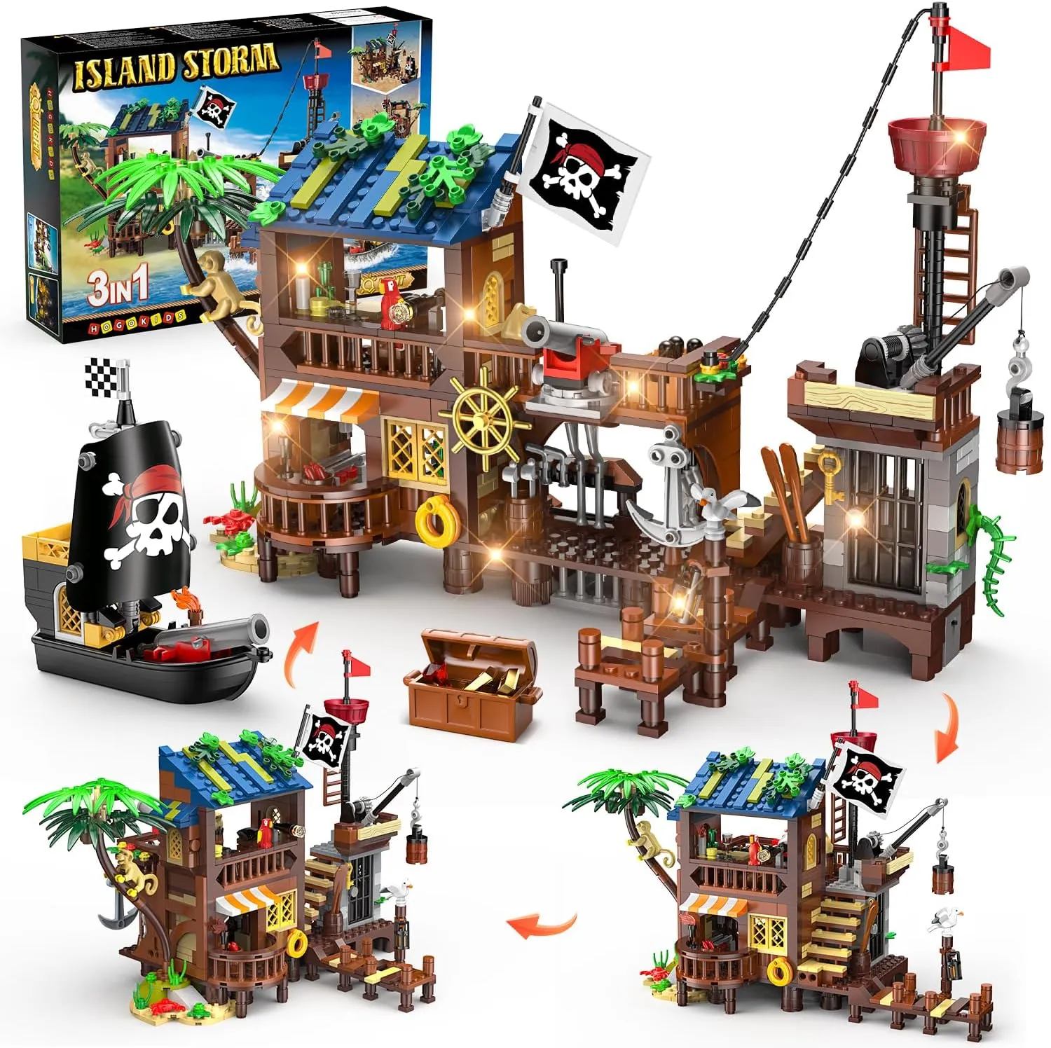 HOGOKIDS Pirate Ship House Building Set with LED Light - 3 Style Modes Pirate Wharf Supply Center Building Block Set, 781PCS STEM Bricks Kit for Kids Girls Boys Ages 6-12  Birthday Gifts
