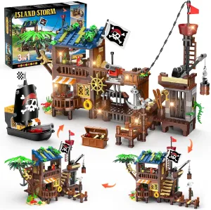 HOGOKIDS Pirate Ship House Building Set with LED Light - 3 Style Modes Pirate Wharf Supply Center Building Block Set, 781PCS STEM Bricks Kit for Kids Girls Boys Ages 6-12  Birthday Gifts