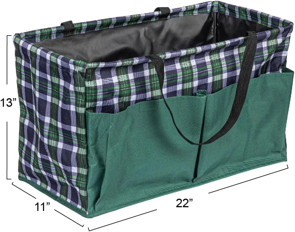 Household Essentials Krush Container All-Purpose Utility Tote, Water-Resistant Vinyl Lining with Pockets, Plaid