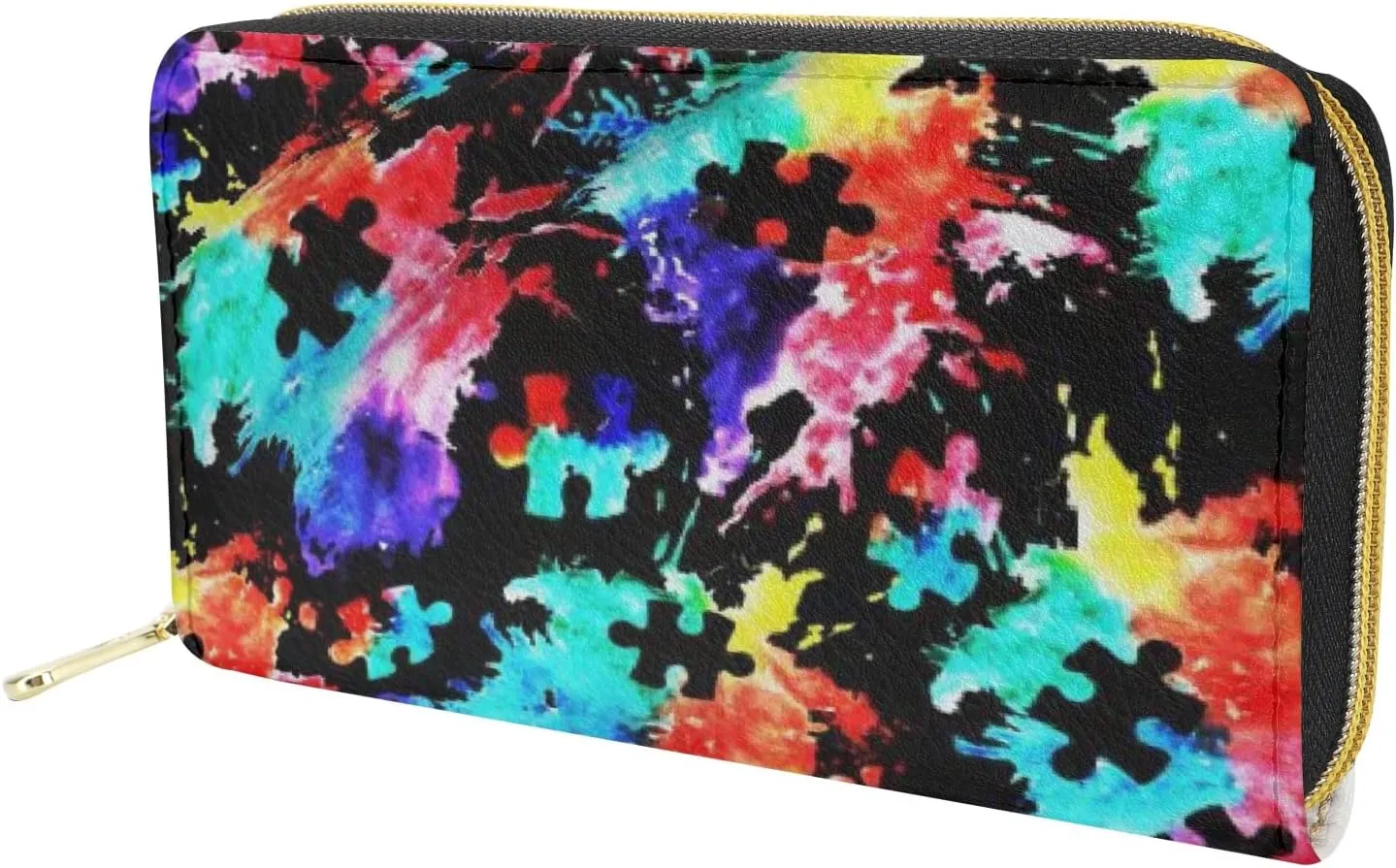 Howilath Autism Awareness Spilling Ink Design Long Pu Leather Wallet for Women Zip Around Slim Clutch Purse Travel Bags with Credit Card Holder