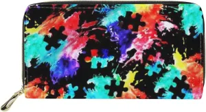 Howilath Autism Awareness Spilling Ink Design Long Pu Leather Wallet for Women Zip Around Slim Clutch Purse Travel Bags with Credit Card Holder
