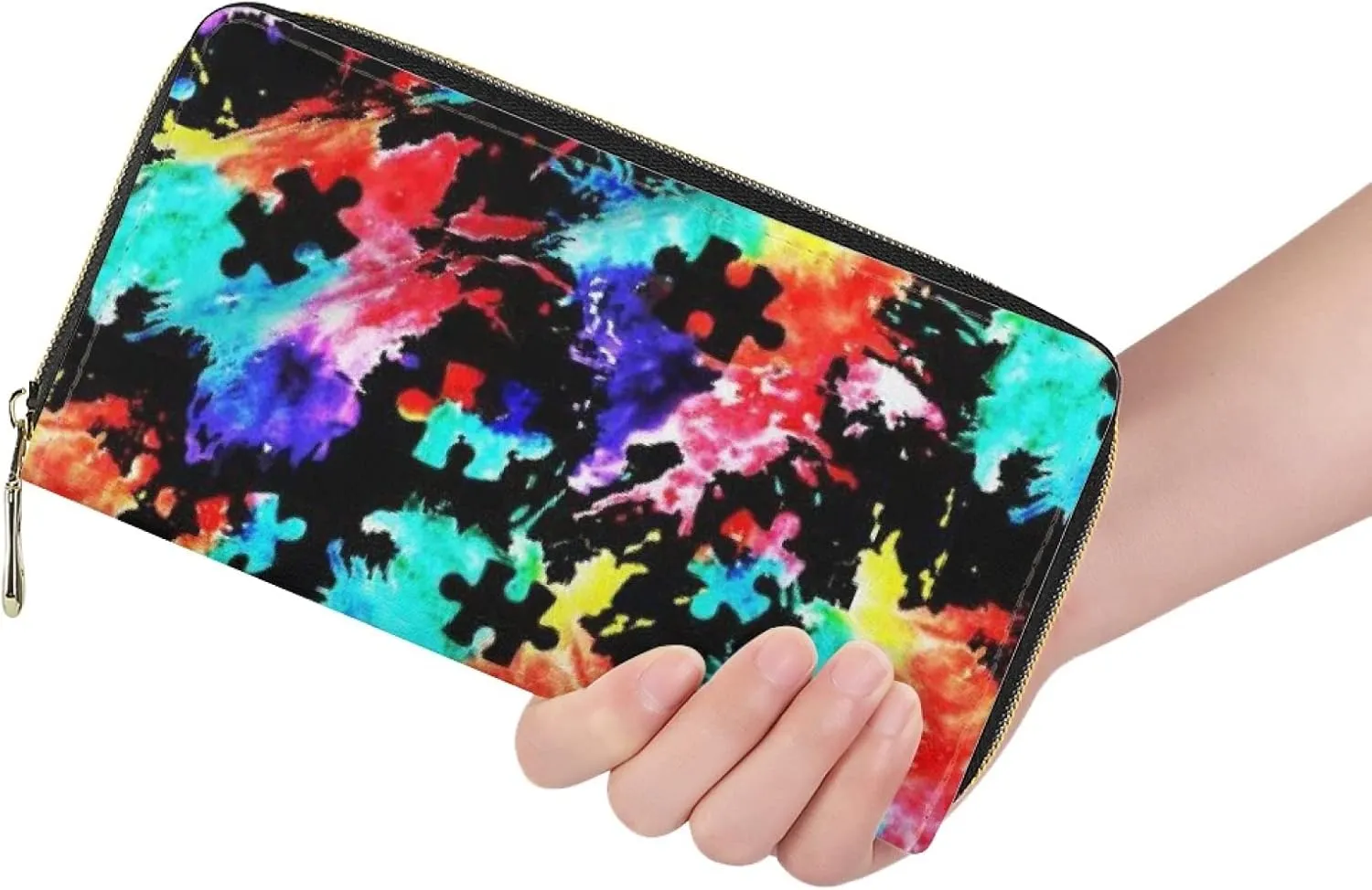 Howilath Autism Awareness Spilling Ink Design Long Pu Leather Wallet for Women Zip Around Slim Clutch Purse Travel Bags with Credit Card Holder