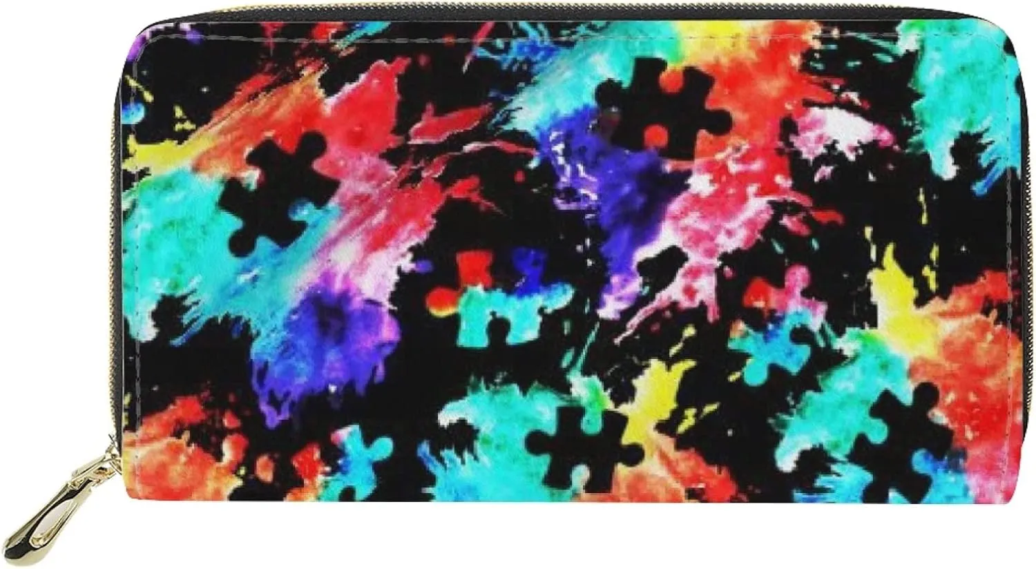 Howilath Autism Awareness Spilling Ink Design Long Pu Leather Wallet for Women Zip Around Slim Clutch Purse Travel Bags with Credit Card Holder